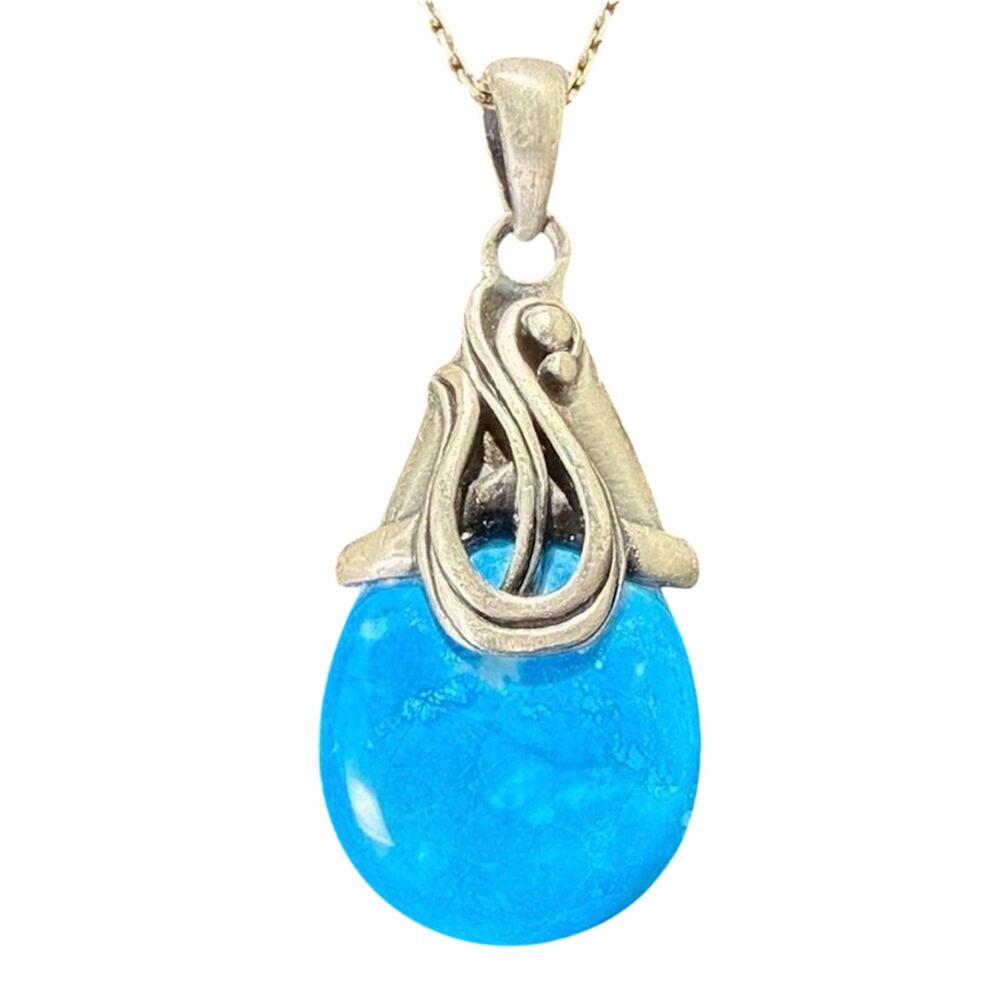 Large Silver and Larimar Teardrop Pendant Necklace